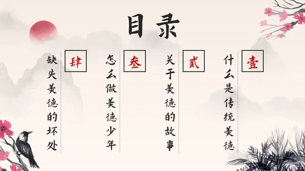 水墨中国风中小学生传统美德教育主题班会PPT模板