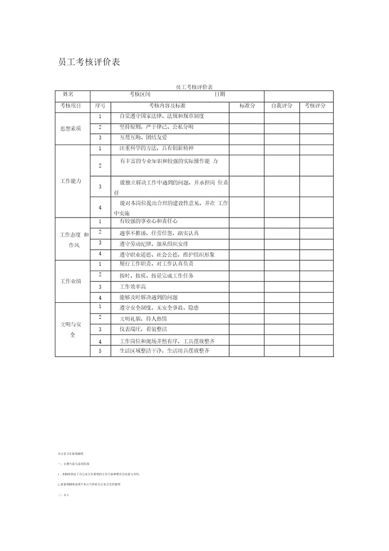 员工考核评价表