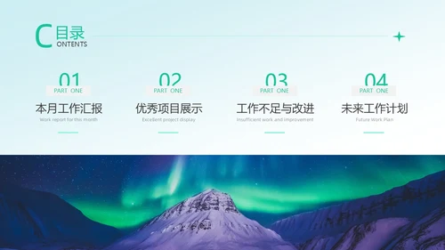 蓝绿色极光风月度工作总结PPT模板