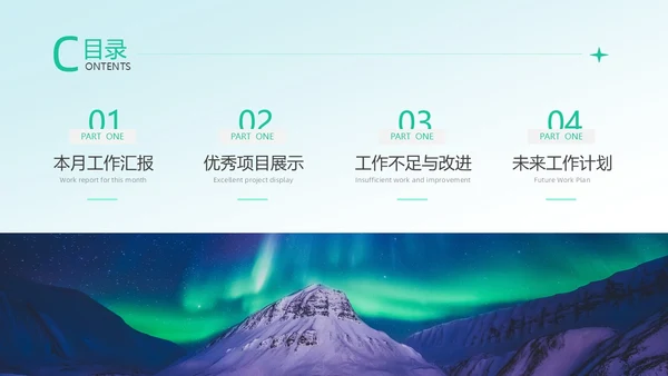 蓝绿色极光风月度工作总结PPT模板