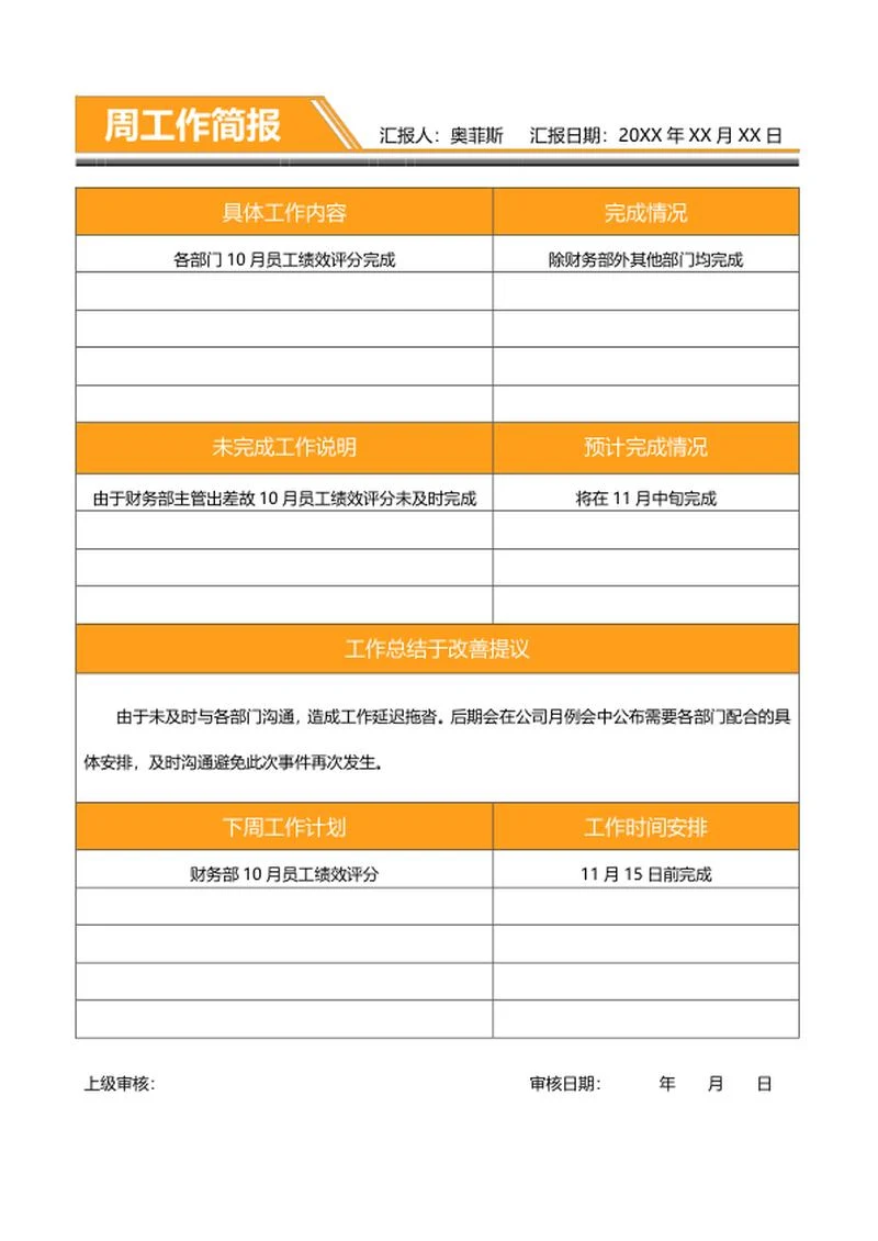 橘色部门周工作简报word模板