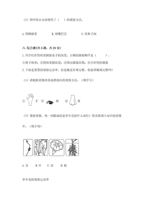 教科版一年级上册科学期末测试卷及答案（精选题）