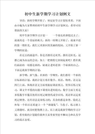 初中生新学期学习计划例文