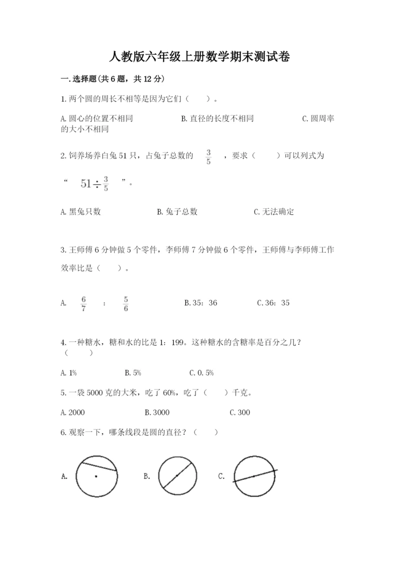 人教版六年级上册数学期末测试卷（模拟题）word版.docx