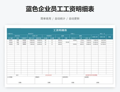 蓝色企业员工工资明细表