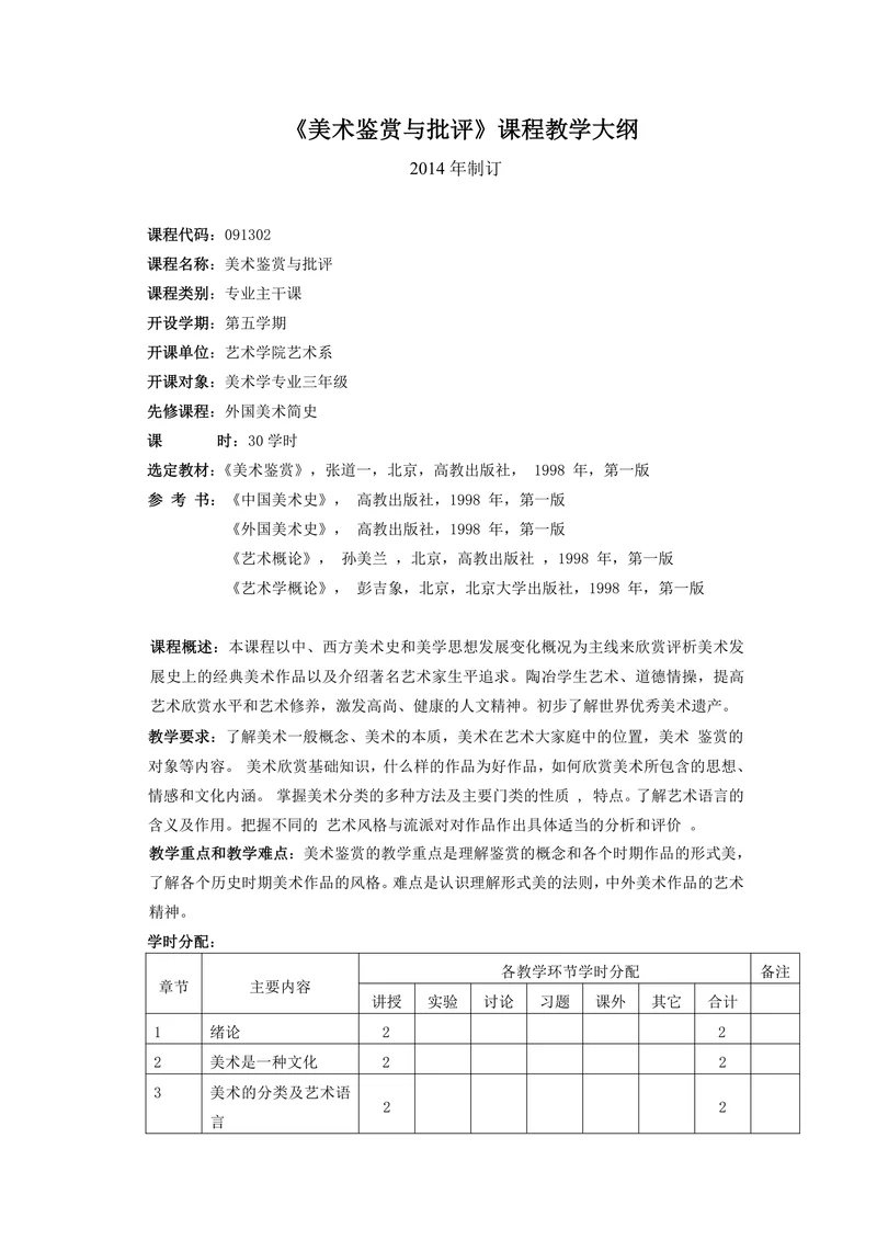 美术鉴赏与批评课程教学大纲