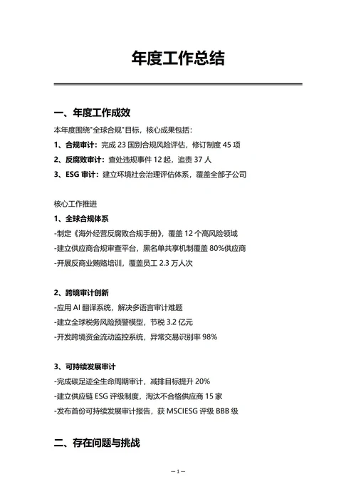 跨国企业审计部门年度工作总结