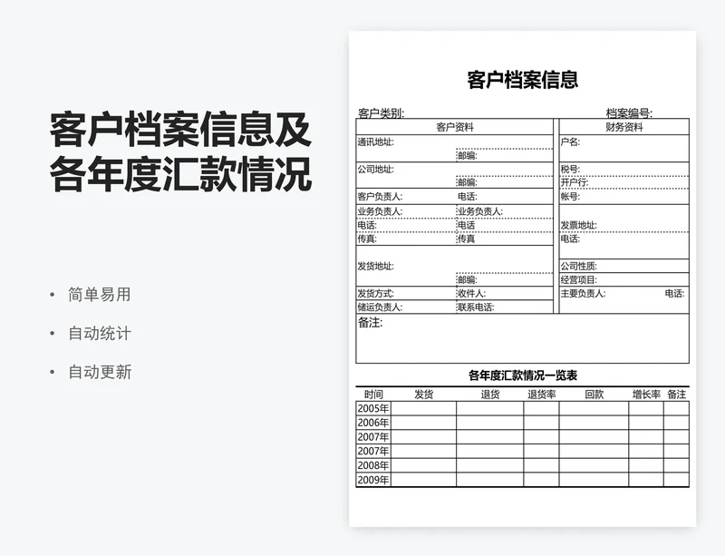 客户档案信息及各年度汇款情况一览表