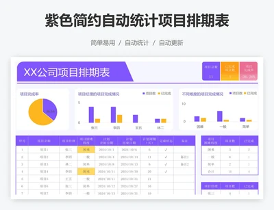 紫色简约自动统计项目排期表