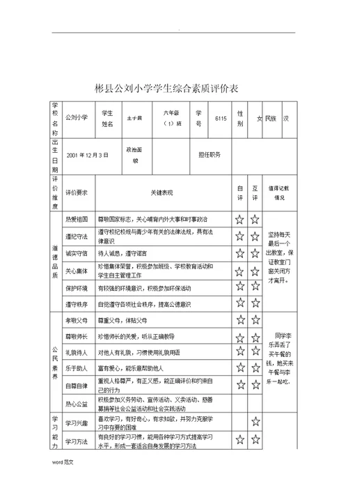 小学生综合素质评价案例