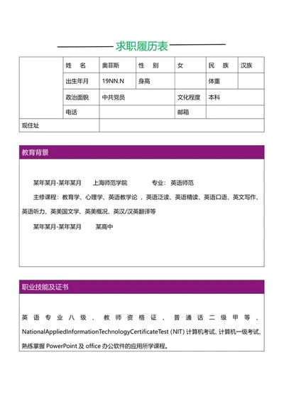 教师求职履历表word模板