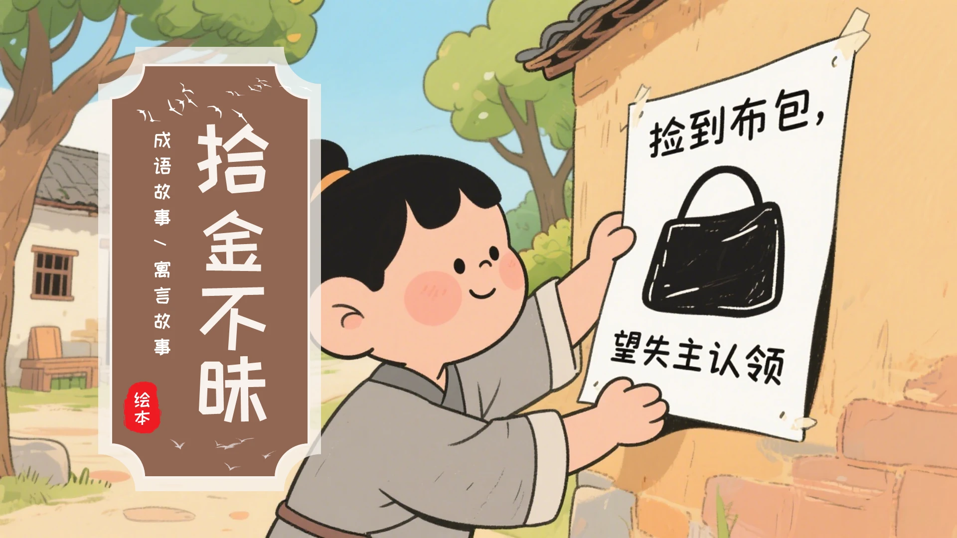 棕色古风卡通拾金不昧成语故事寓言故事儿童故事绘本PPT