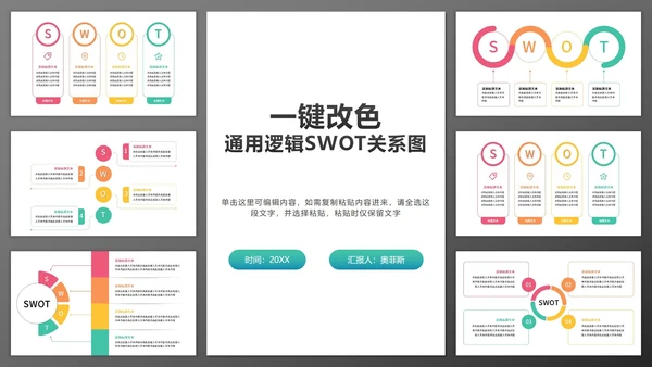 一键改色通用逻辑SWOT关系图PPT模板