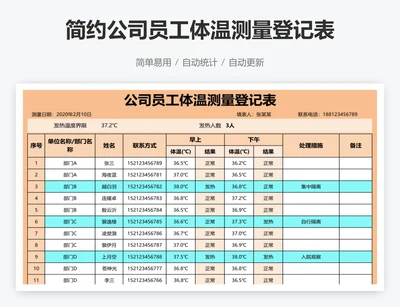 简约公司员工体温测量登记表