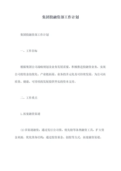 集团投融资部工作计划