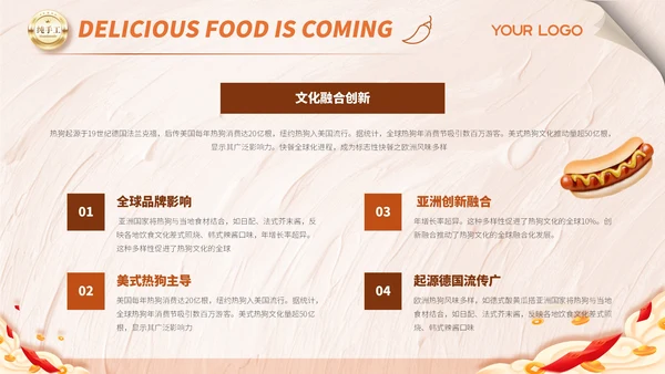 橙色商务风热狗的美食介绍ppt模板