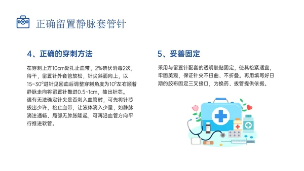 静脉留置针的护理课件蓝色插画医疗留置针临床应用护理体会ppt