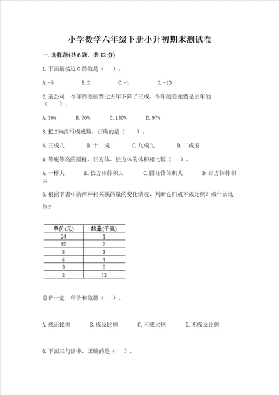 小学数学六年级下册小升初期末测试卷附参考答案完整版