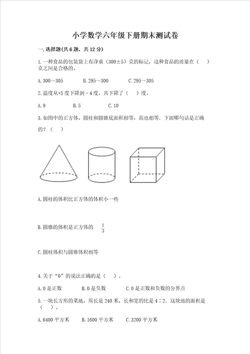 小学数学六年级下册期末测试卷附参考答案预热题