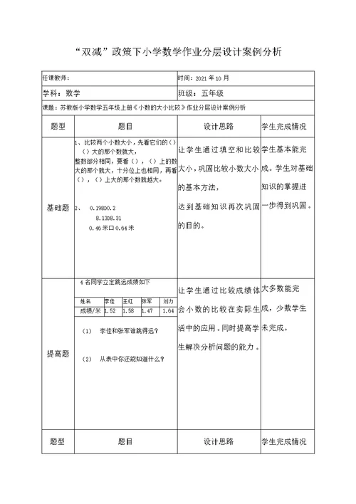 “双减”政策下苏教版小学数学五年级上册《小数的大小比较》作业分层设计案例分析