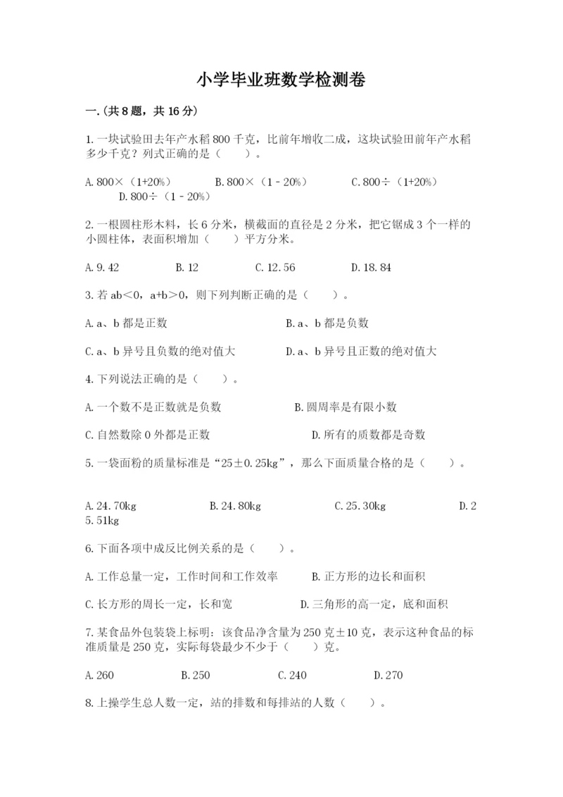 小学毕业班数学检测卷精品（典优）.docx