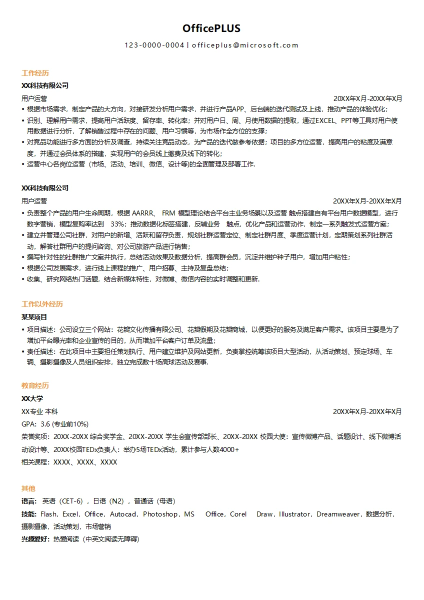 互联网用户运营个人简历模板