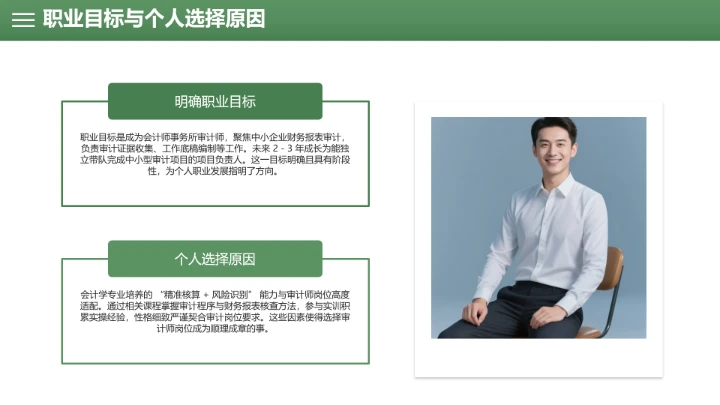 绿色会计学专业大学生职业生涯规划发展展示PPT模版