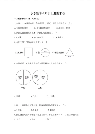 小学数学六年级上册期末卷精品模拟题