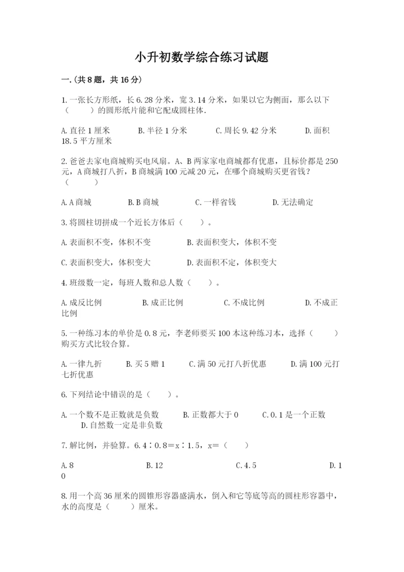 小升初数学综合练习试题完美版.docx