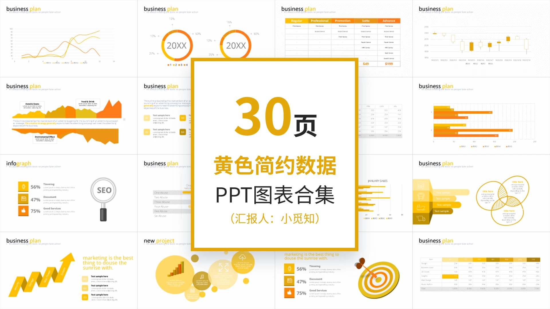 30页黄色简约数据PPT图表合集PPT模板宣传PPT动态数据关系分析图表