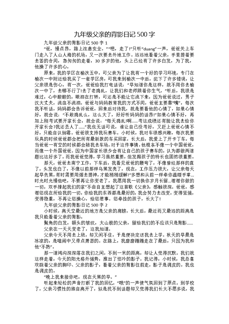 九年级父亲的背影日记500字