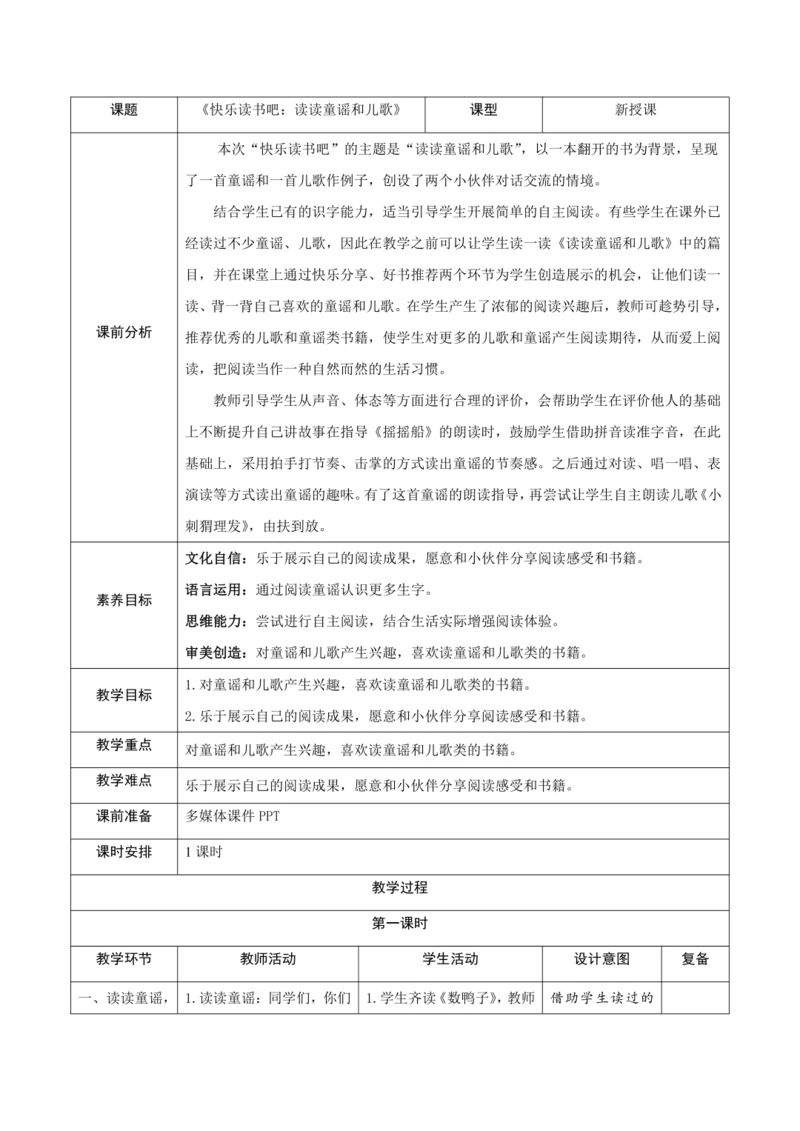 统编版语文一年级下册 识字一 《快乐读书吧：读读童谣和儿歌》新课标核心素养教案