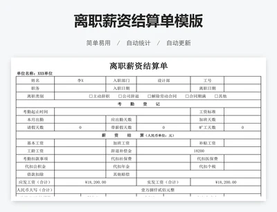 离职薪资结算单模版