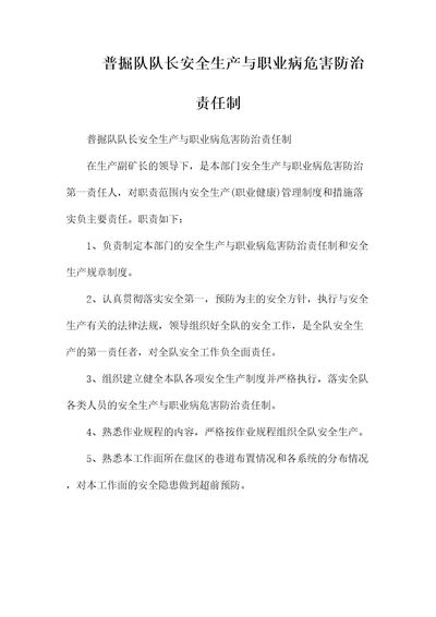 普掘队队长安全生产与职业病危害防治责任制