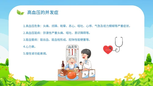 清新插画展板医疗社区高血压患者的饮食管理培训课件模板