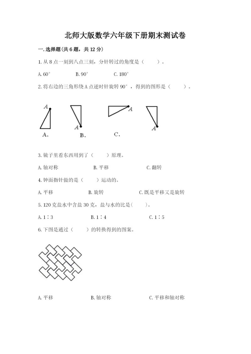 北师大版数学六年级下册期末测试卷精编.docx