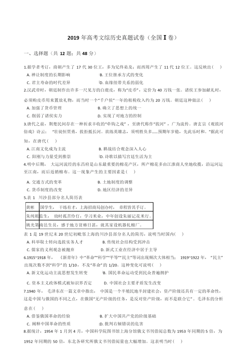 2019年高考文综历史真题试题(全国Ⅰ卷)(Word版+答案+解析)055639.docx
