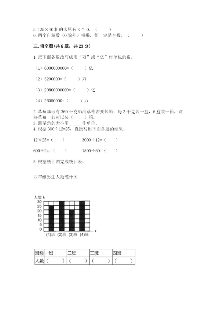 人教版四年级上册数学 期末测试卷附答案（典型题）.docx