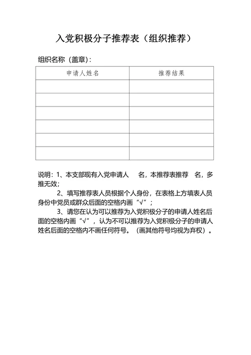 入党积极分子推荐表