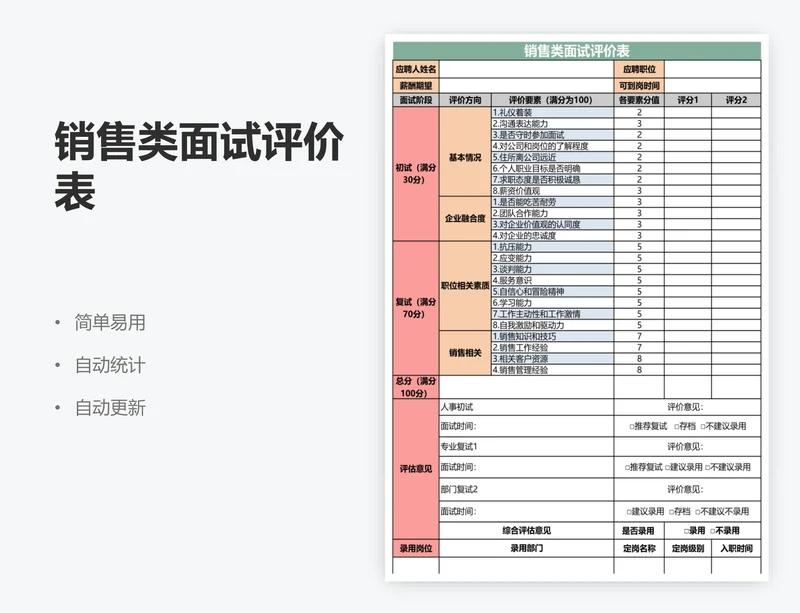 销售类面试评价表