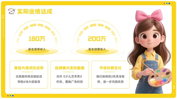 黄色卡通风美术培训机构季度营销复盘报告PPT模板