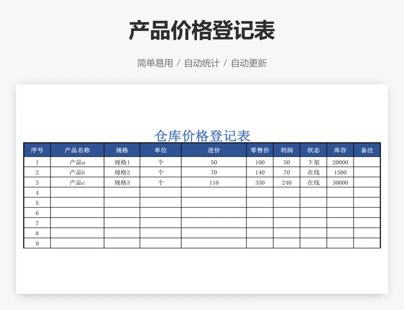 产品价格登记表