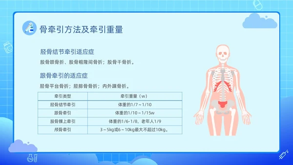 蓝色渐变卡通插画医疗健康骨牵引的护理动态PPT