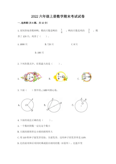 2022六年级上册数学期末考试试卷a4版可打印.docx