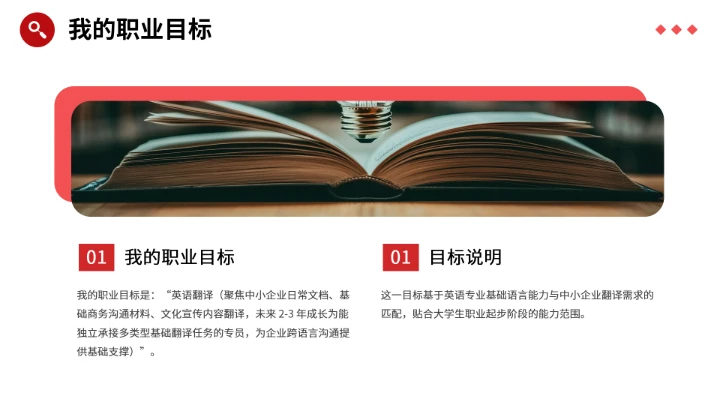 红色商务英语专业大学生职业生涯规划发展展示PPT模版