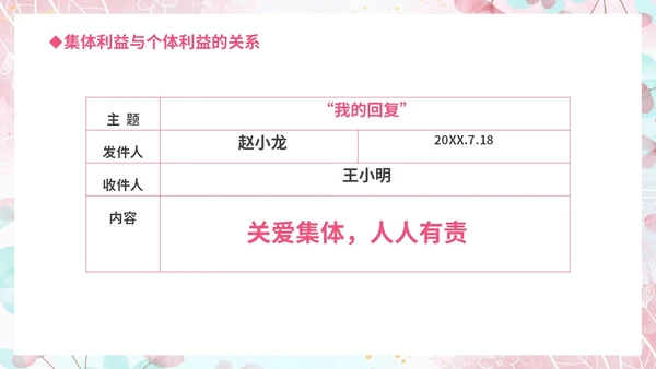 温馨粉色手绘中小学承担关爱集体的责任培训课件PPT