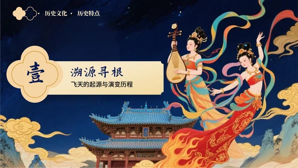 蓝金色古风敦煌飞天文化介绍PPT模板