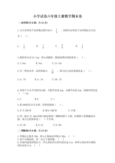 小学试卷六年级上册数学期末卷含完整答案夺冠系列