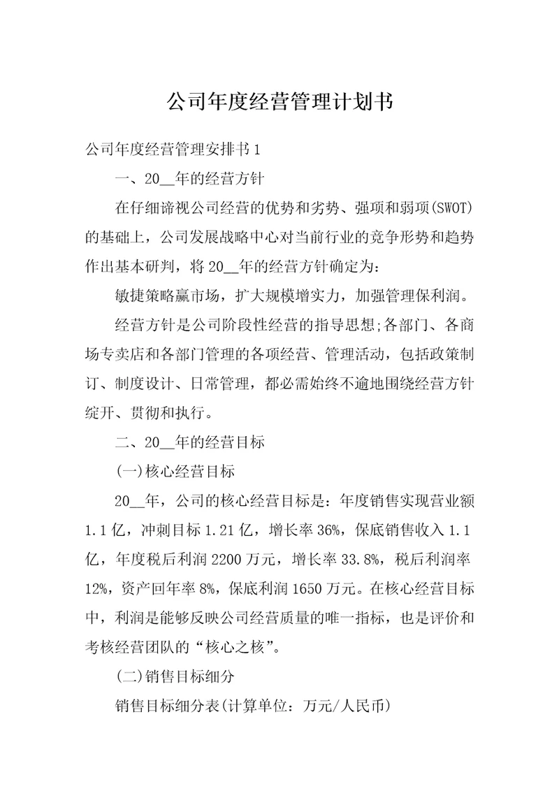 公司年度经营管理计划书