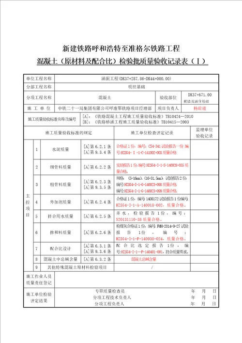 翼墙基础模板及支架检验批质量验收记录表